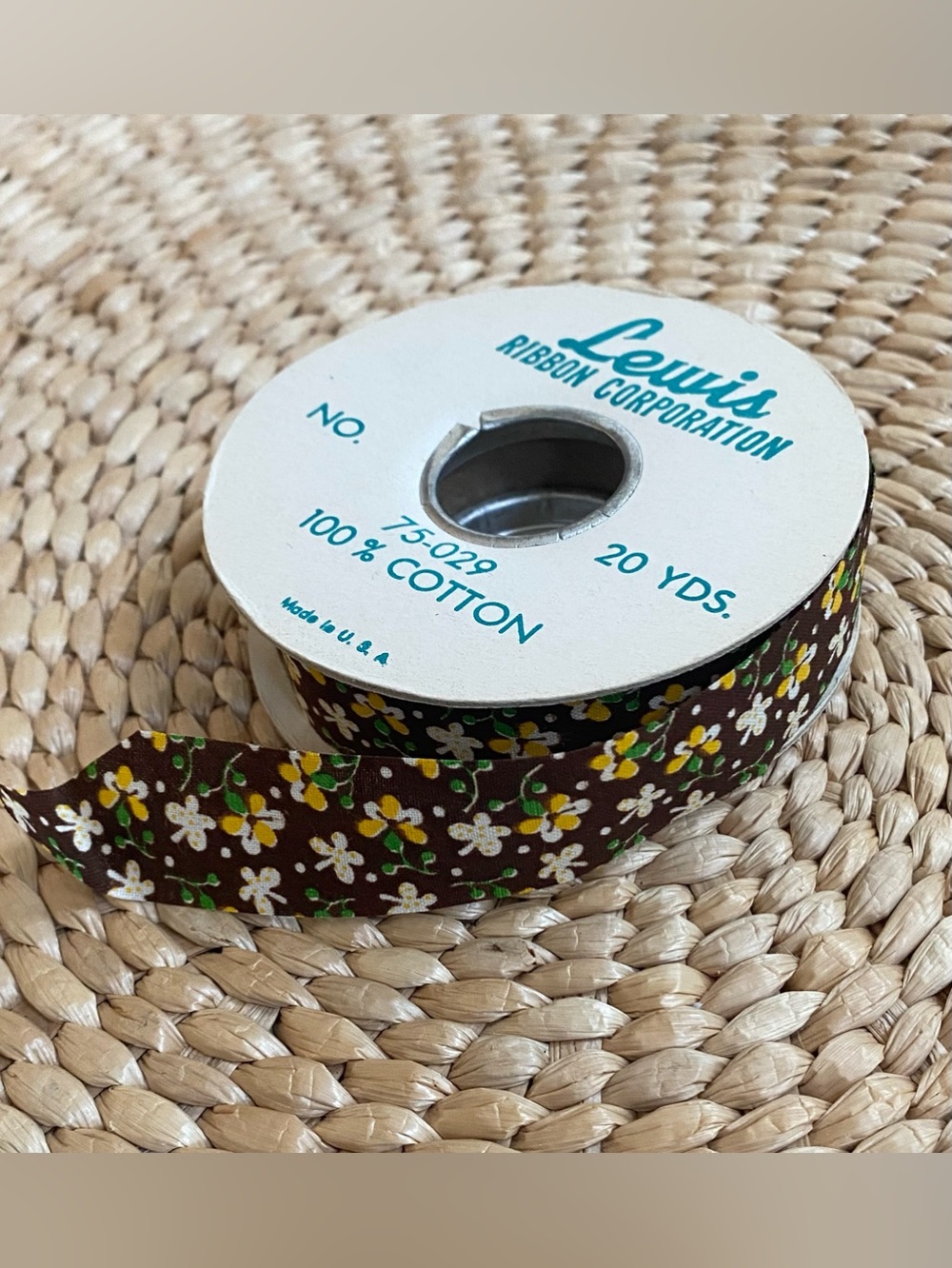 Vtg Lewis Ribbon Corp 100% Cotton Floral Calico Ribbon Spool Brown Ditzy Flowers